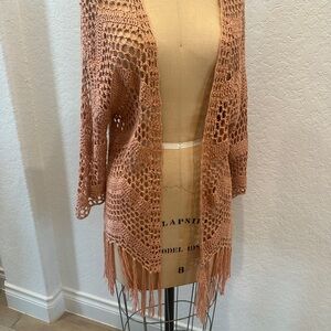 Women's Open Knit Apricot crochet Fringe Cardigan